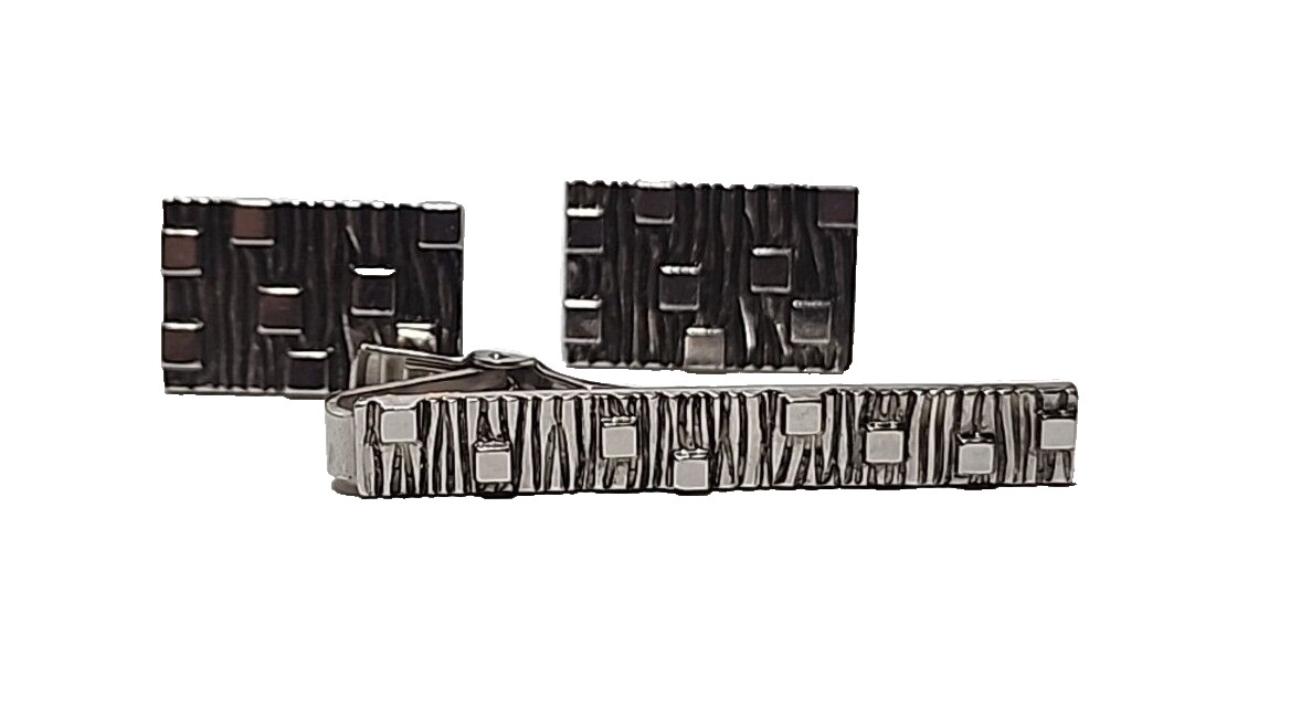 Cufflinks and Tie Bar Set Arson Rectangle Silver … - image 1