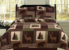 Brown Green Plaid Deer Trees 3 pc Quilt Set Twin Full Queen King Lodge Coverlet