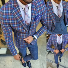 Fashion Plaid Men's Suits Slim Fit Single Breasted Jacket Pant Suit 2 Pieces Set
