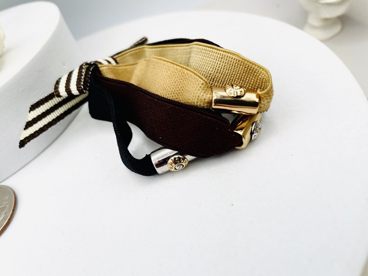 Set Of Three Henri Bendel Black/Brown/ Gold Logo Bow Hair 