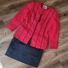 Vintage Leslie Fay Suits Blazer Skirt Power Set, Size 10, Red Black, Retro