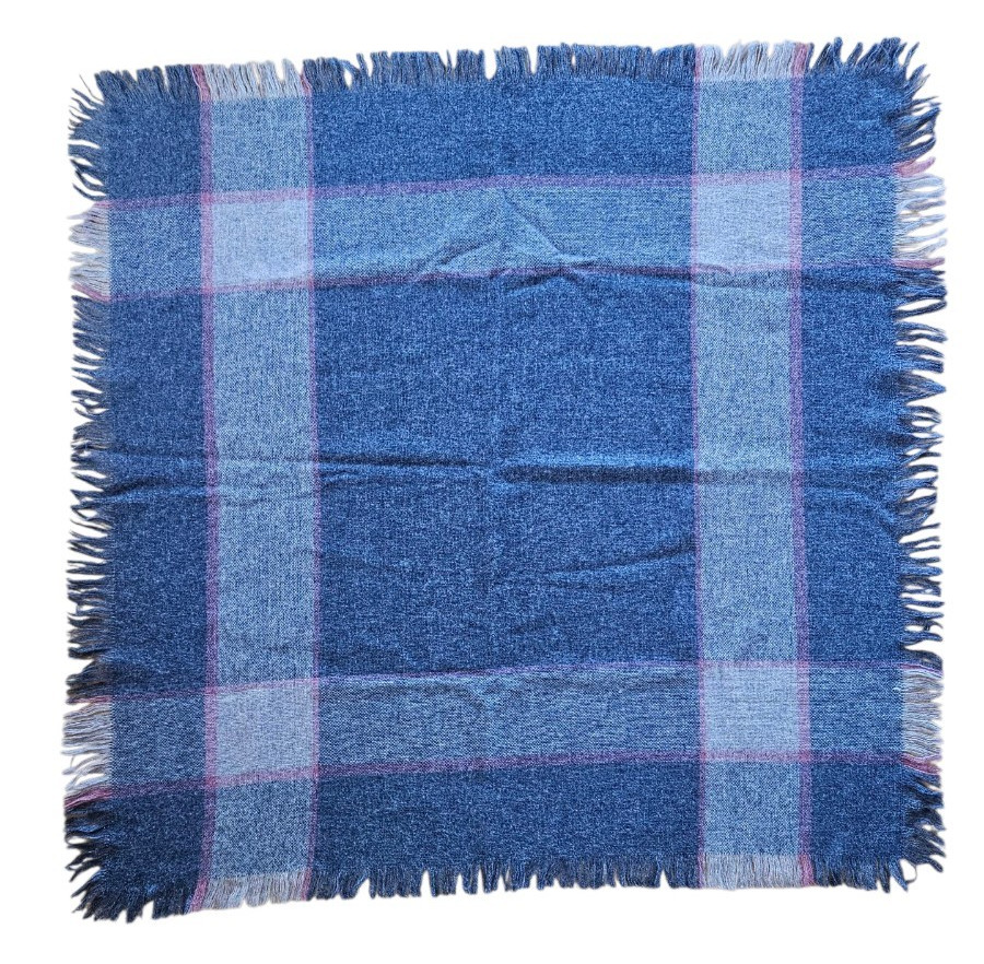 Avoca Handweavers Wool Plaid Throw Shawl Fringe Ireland 52"x 53" Blues & Pink