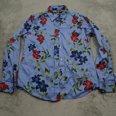 Lauren Ralph Lauren Top Womens Medium Petite Blue Floral Striped Button Up