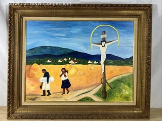 Ernest Prophete Oil on Canvas Crucifixion Haitian Folk Art Signed 1974 25x31