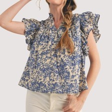 &Merci Blue Cream Floral Top Ruffle Sleeve Size S