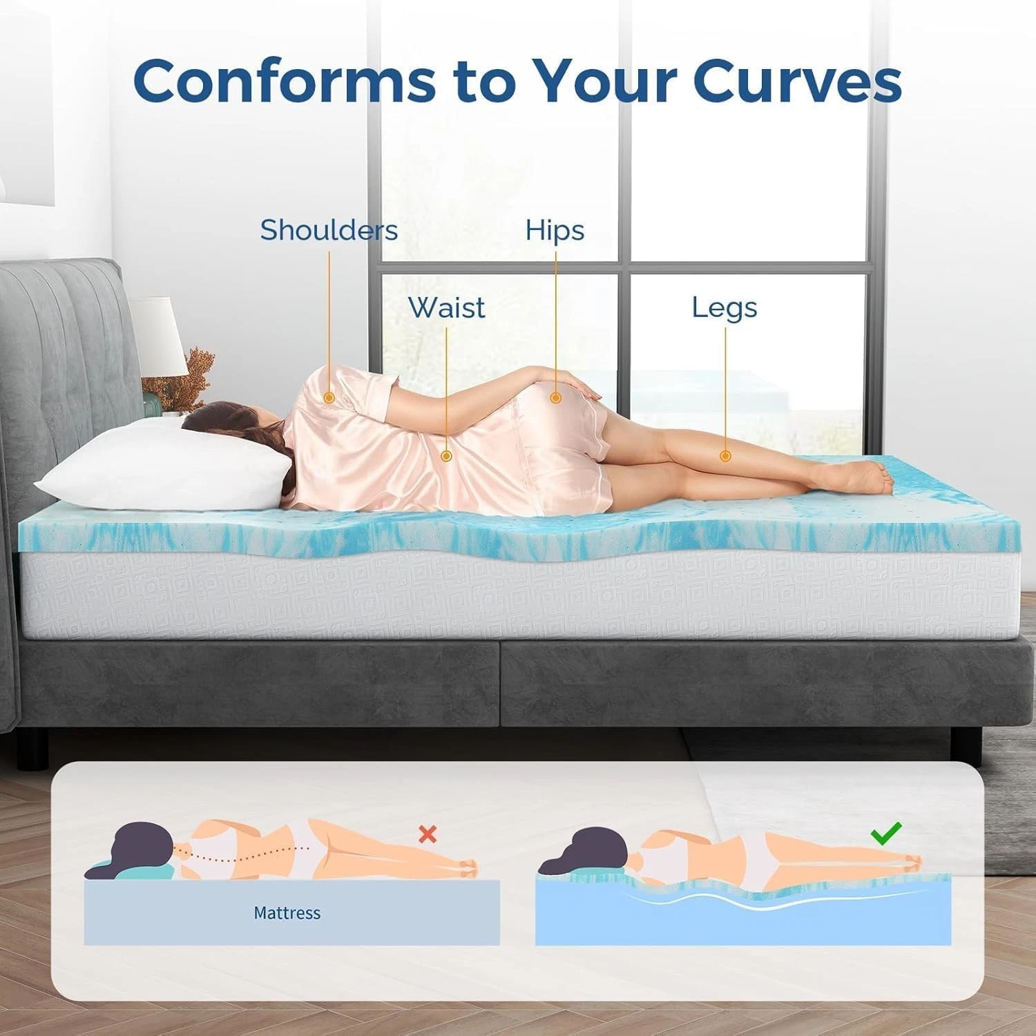 Queen Size Memory Foam Mattress Topper with Cooling Gel, 2-Inch Thick