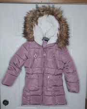 DKNY Mauve Puffer Quilted Jacket With Removable Faux Fur Hood Girls Size 7/8