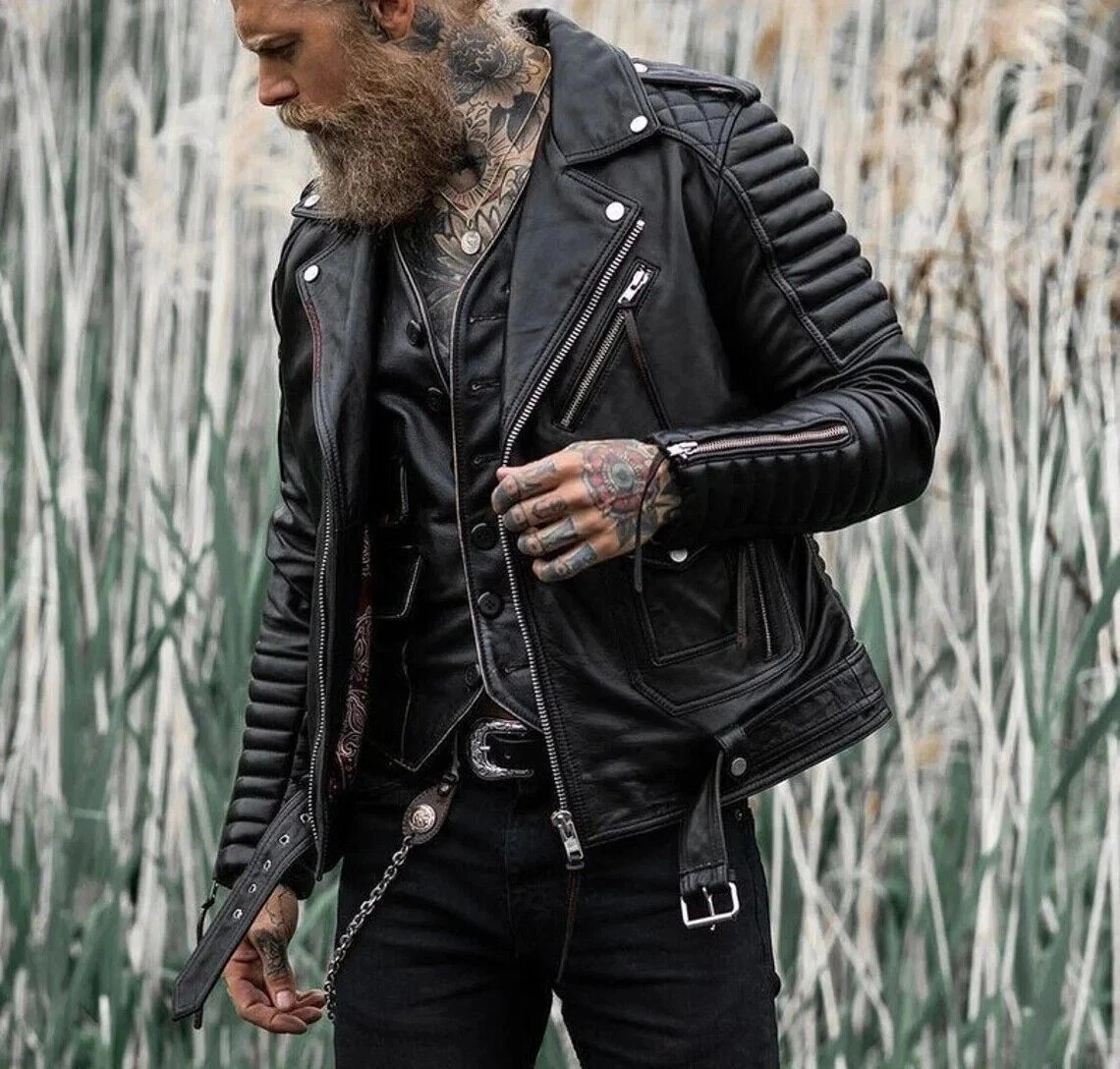 Men's Black Quilted Motorcycle Biker Jacket Slim Fit Genuine Sheepskin Leather
