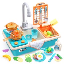 CUTE STONE Play Kitchen Sink Toys with Upgraded Real Faucet, Play Cooking Sto...