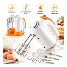 Batteur Électrique Main 5 Vitesses 6 Fouets Inox Base Rangement Pâtisserie Blanc