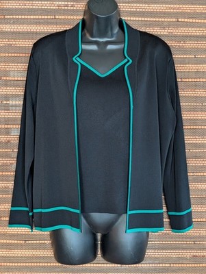 MING WANG 2 Pc Set Womens S Black Green Piping Knit Blazer Jacket Camisole Tank
