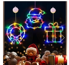 LOLStar Christmas Window Decorations, 3 Pack USB Multicolor Wreath, Gift Box, Sa