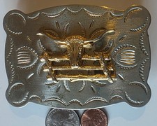 Vintage Metal Belt Buckle, Nice Nickel Silver and Brass, Longhorn Bull, Cow, Rod