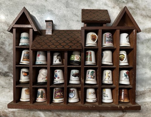 Vintage Thimble Collection In A Wooden House Shaped Wall Mounted Display Shelf