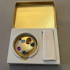 Vintage Estee Lauder Golden Jeweled Top Powder Compact With Felt Pouch & Box