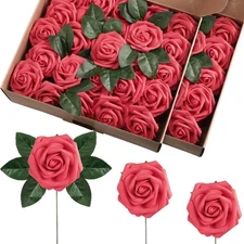 100 Pcs Artificial Flowers Real Looking Rose Flowers Foam Fake Roses With Leaves
