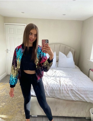 Ladies Glitter Sequin Bomber Jacket Top Biker Festival Clubbing Party Club Wear - Picture 9 of 9