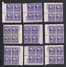 Scott #807 3c PREXY (9) Plate Blocks - Mint NEVER HINGED