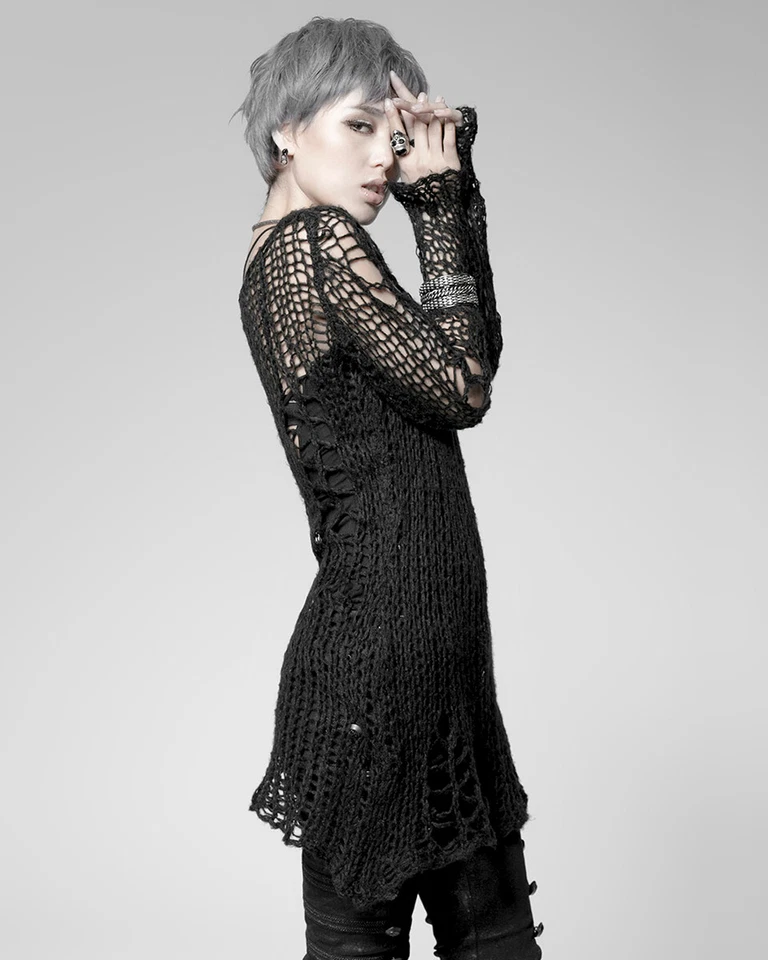 Punk Rave Womens Gothic Grunge Shredded Open Knit Sweater Top Black Distressed - Image 3 of 4