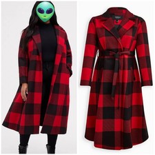 Torrid Wool Plus Size 5 (28) Red And Black Plaid Belted Fit And Flare Coat Bnwt