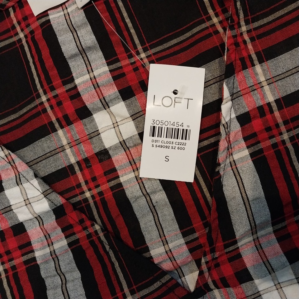 Ann Taylor LOFT Plaid Blouse Top Women’s Short Sleeve Black Red White