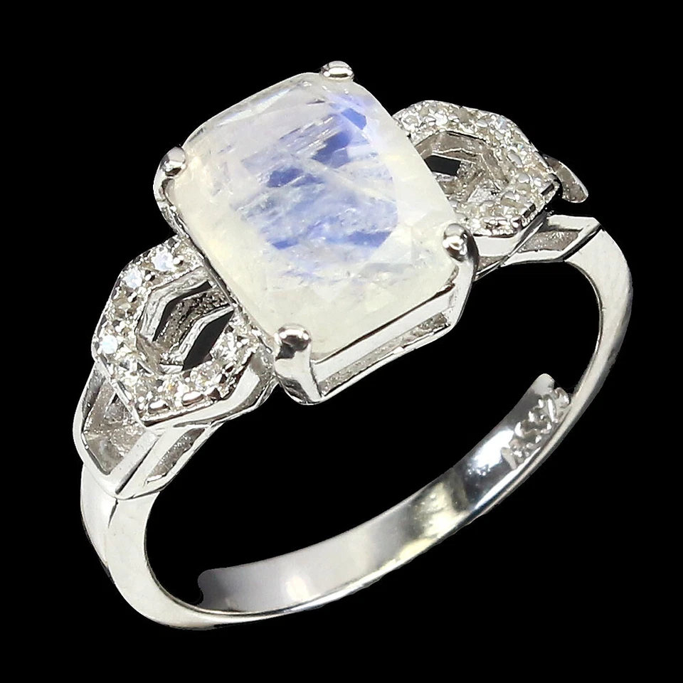 925 Sterling Silver Octagon Moonstone 9x7mm Simulated Cz Ring Size 6.5 - Image 2 of 4