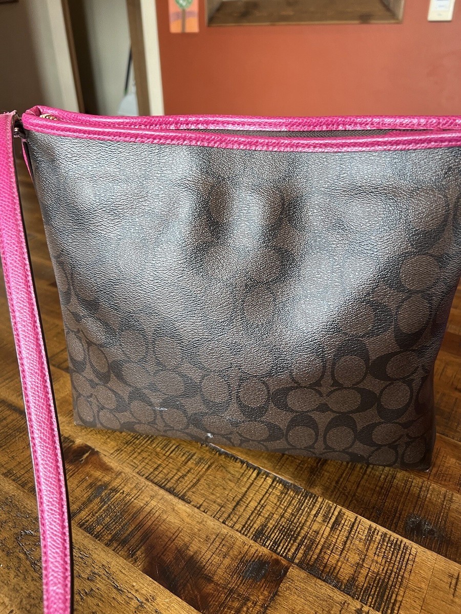 COACH Signature Print Brown And Pink Trim, Shoulder handbag Purse