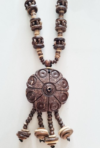 Coconut Shell Beads Necklace Flower Pendant Coir Wood Vintage Summer Handmade - Picture 15 of 18