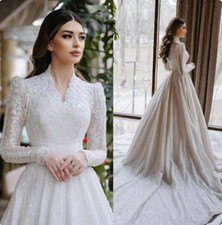 Elegant A Line Wedding Dress Sparkly Sequined High Neck Long Sleeve Bride Gowns
