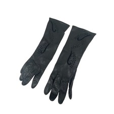 Vintage Women's Black Leather Gloves Intricate Paisley Embroidery Design