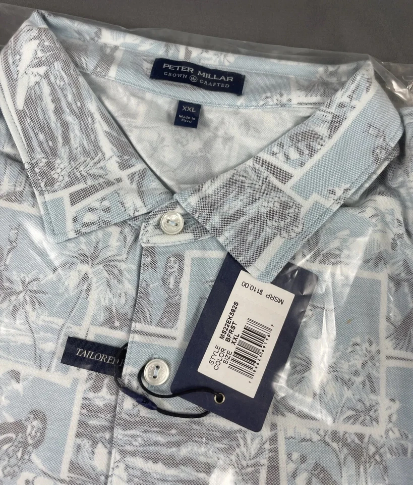 Peter Millar Golf Shirt Polo Crown Crafted ACBP Hawaiian Print XXL Blue BFRST - Image 3 of 4