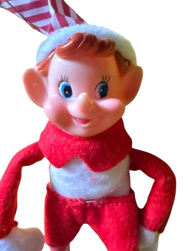 1950s 8" Hanging Hugging Rubber Faced Christmas Elf Red White Candy Stripe Bend - Afbeelding 3 van 8