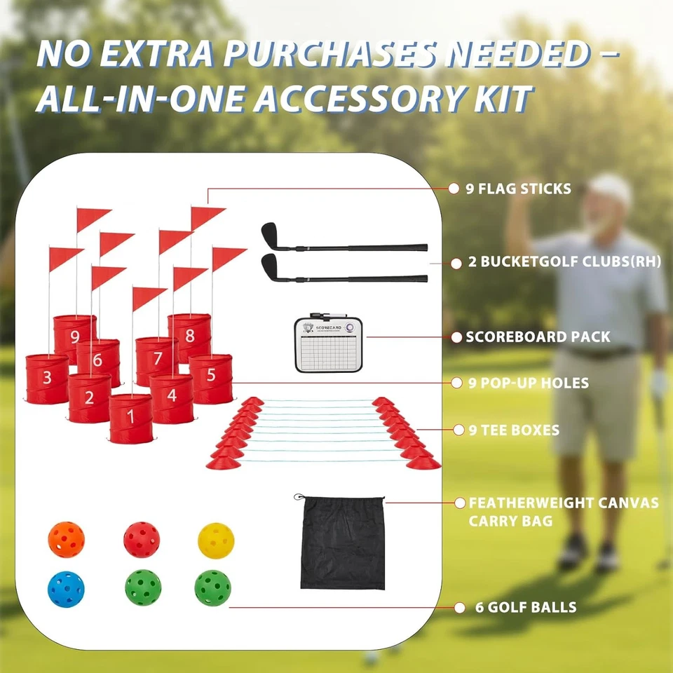 Juego de golf Bucket Yard con palos, juego de 9 hoyos portátil juego de golf de marea baja, rojo Foto 3 de 4