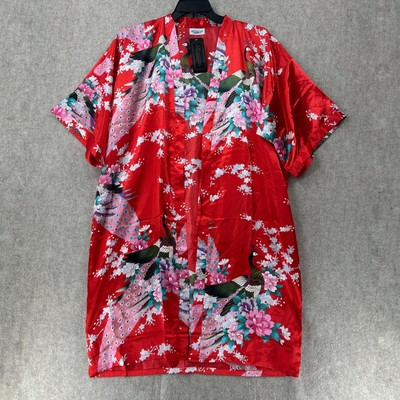 NWT Red Peacock Floral Handmade Silk Kimono Robe By S.P Collection OS NO BELT