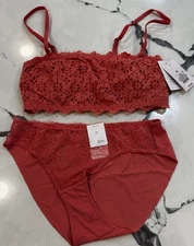 Auden Lace Wirefree Bralette & Lace Bikini Panty XS Coral Color