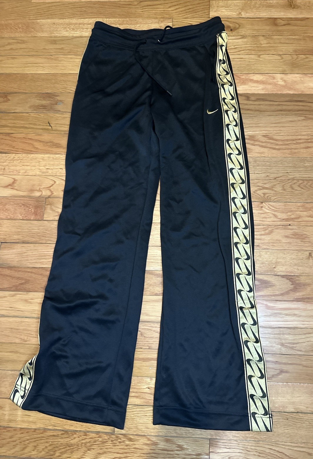 Nike Sportswear Womens Logo Open Hem Pants Drawstring Black-Metallic Gold-Size S thumbnail 2