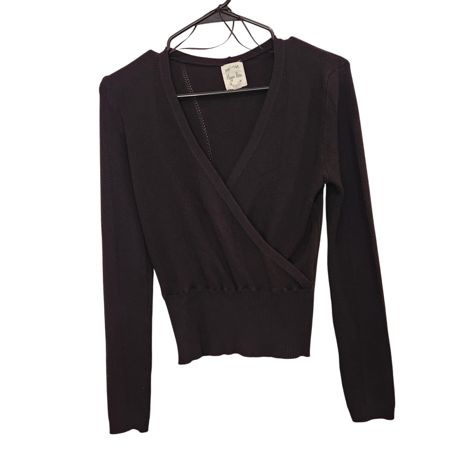 Hippie Rose Black Long Sleeves Pullover Surplice-Neck Ribbed-Hem Sweater Medium