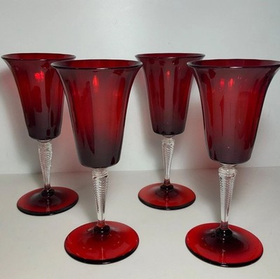 Set of 4 Vintage H.C. Fry Diamond Optic Ruby Red Glass Water Goblets 8.5 in.