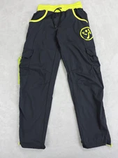 Zumba Retro Electro Cargo Pants Women's XS Black Green Roll Tab Tassels Dance