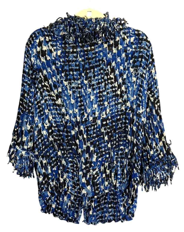 Blusa túnica de manga larga con cuello en V con flecos Agora para mujer Talla 1X Azul Negro Foto 2 de 4