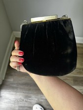 Vintage Black Velvet Evening Bag Gold Tone Frame Clasp Chain Strap Formal