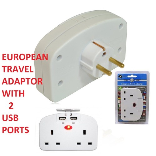 European 2 Way Travel Plug Power Adaptor 2 USB Ports 2 Pin Socket Double Plug - Picture 1 of 5