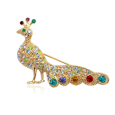  18K ROSE GOLD PLATED GENUINE MULTI-COLOURED CZ/AUSTRIAN CRYSTAL PEACOCK BROOCH 