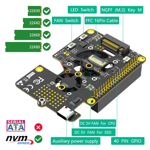 For M.2 NVMe M-key SSD to PCI Express PCIe Adapter Card LED for Raspberry Pi 5 - Picture 2 of 6