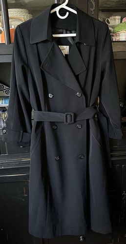 Vintage Jacqueline Ferrar 90s Long Trench Coat 16W Double Breasted Belted Black - Picture 2 of 15