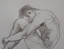Pencil Drawing Male Nude in a Floor Seated Curled Pose