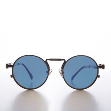 Round Bronze Metal Goth Steampunk Sunglass Blue Lens- Ivan