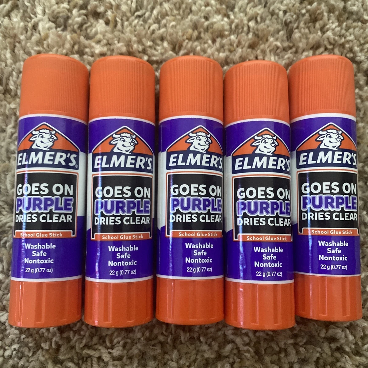 5 PACK Elmers Goes On Purple Dries Clear Glue Sticks