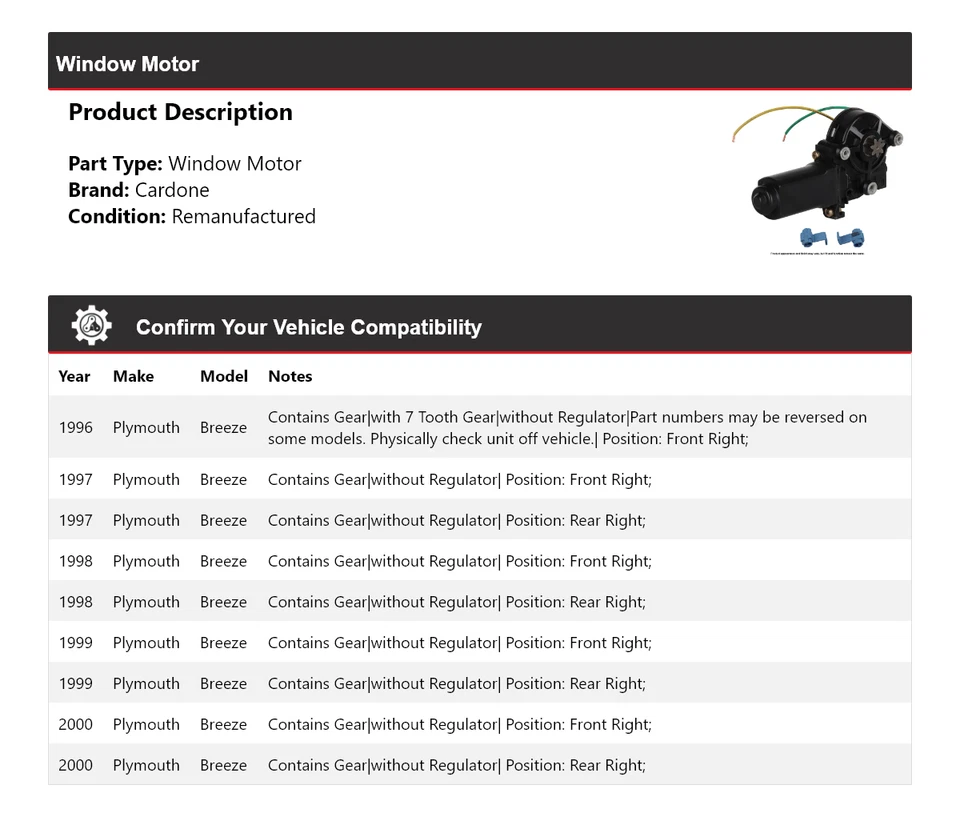 Para 1996-2000 Plymouth Breeze Ventana Motor Cardone 1997 1998 1999 Foto 2 de 4