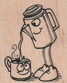 Coffee Pot Pouring 1 3/4 x 2" Rubber Stamp, Animated Coffee Pot
